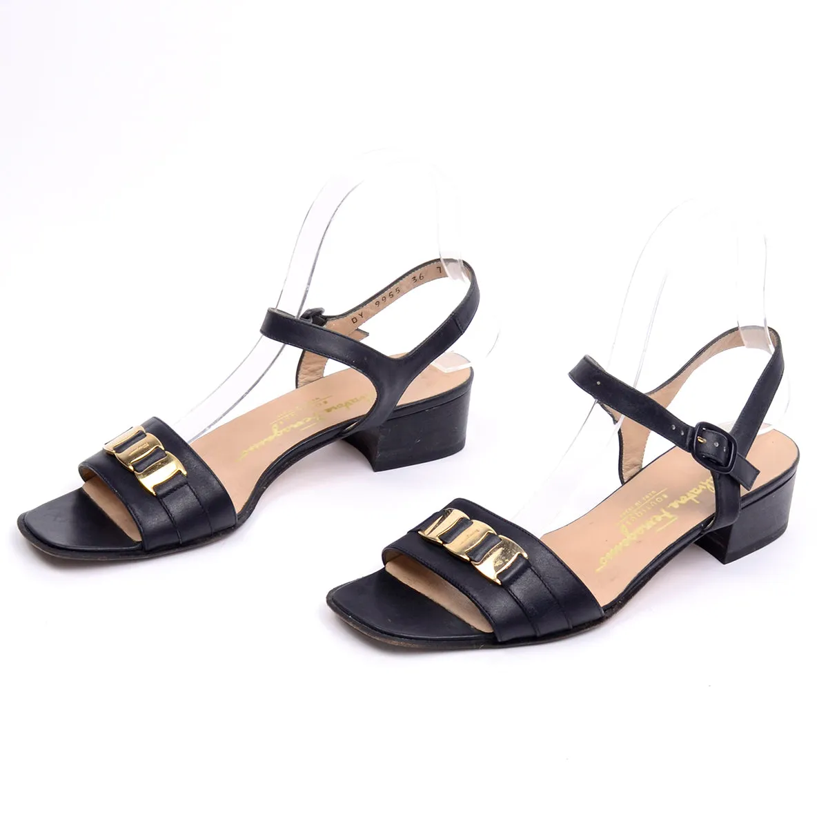 1980s Ferragamo Demi Style Vintage Black Leather Ankle Strap Sandals 7.5