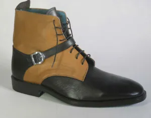 Bespoke Black Beige Leather Ankle Buckle Up Lace Up Boots