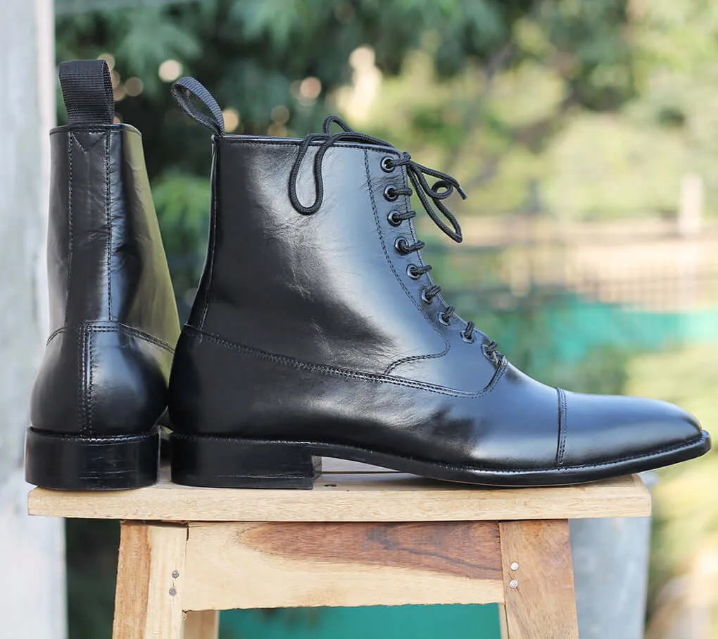 Bespoke Black Leather Ankle Lace Up Boots