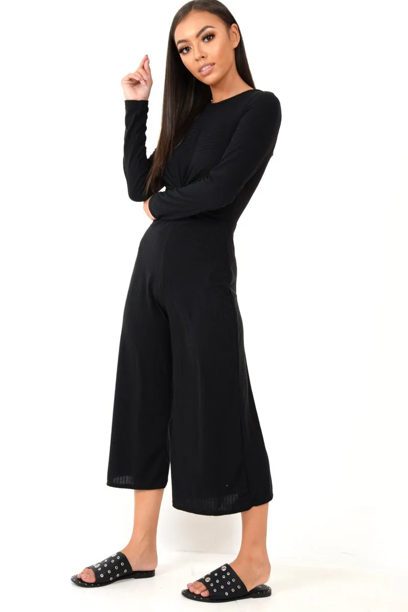 Black Rib Twist Front Culotte Jumpsuit - Elexis