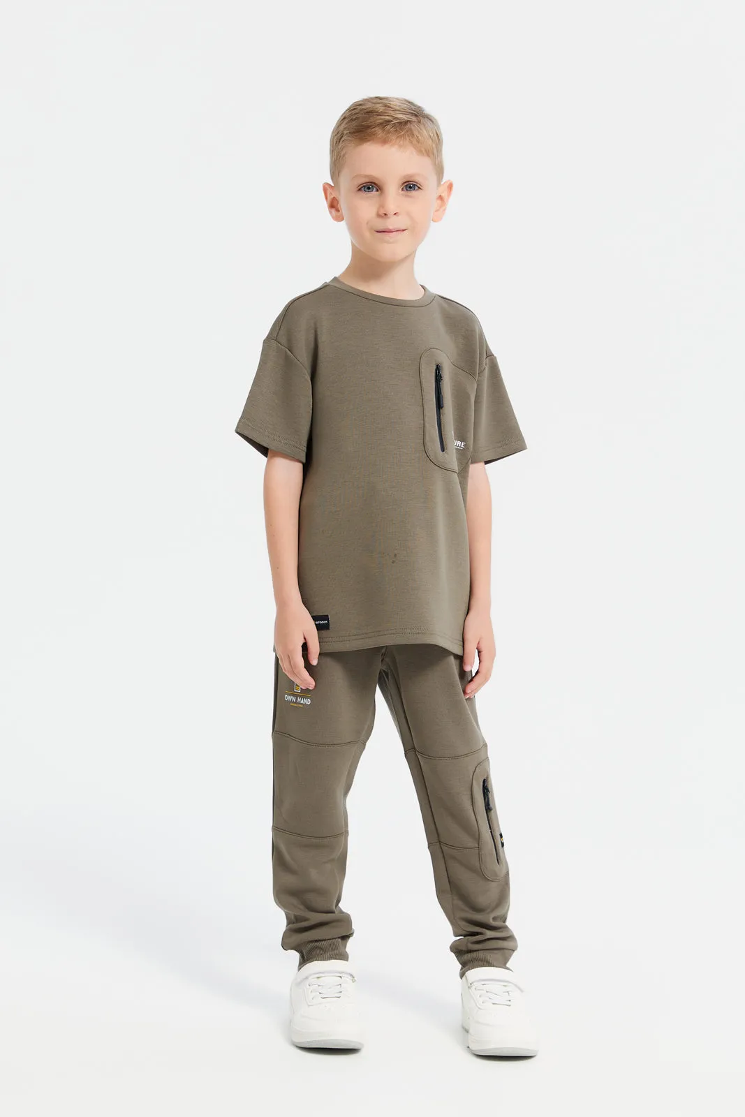 Boys Olive Printed Loose Fit T-Shirt