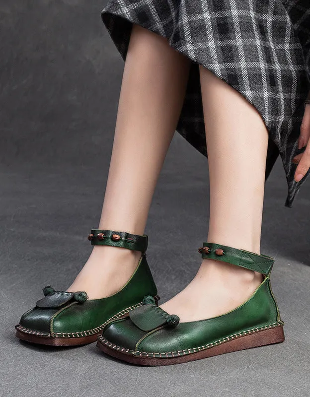 Chinese Style Square Toe Soft Leather Soles Ankle Strap Flats