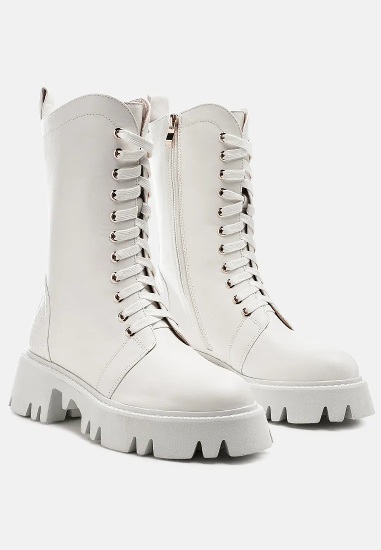 Drill Chunky White Lace Up Ankle Boots