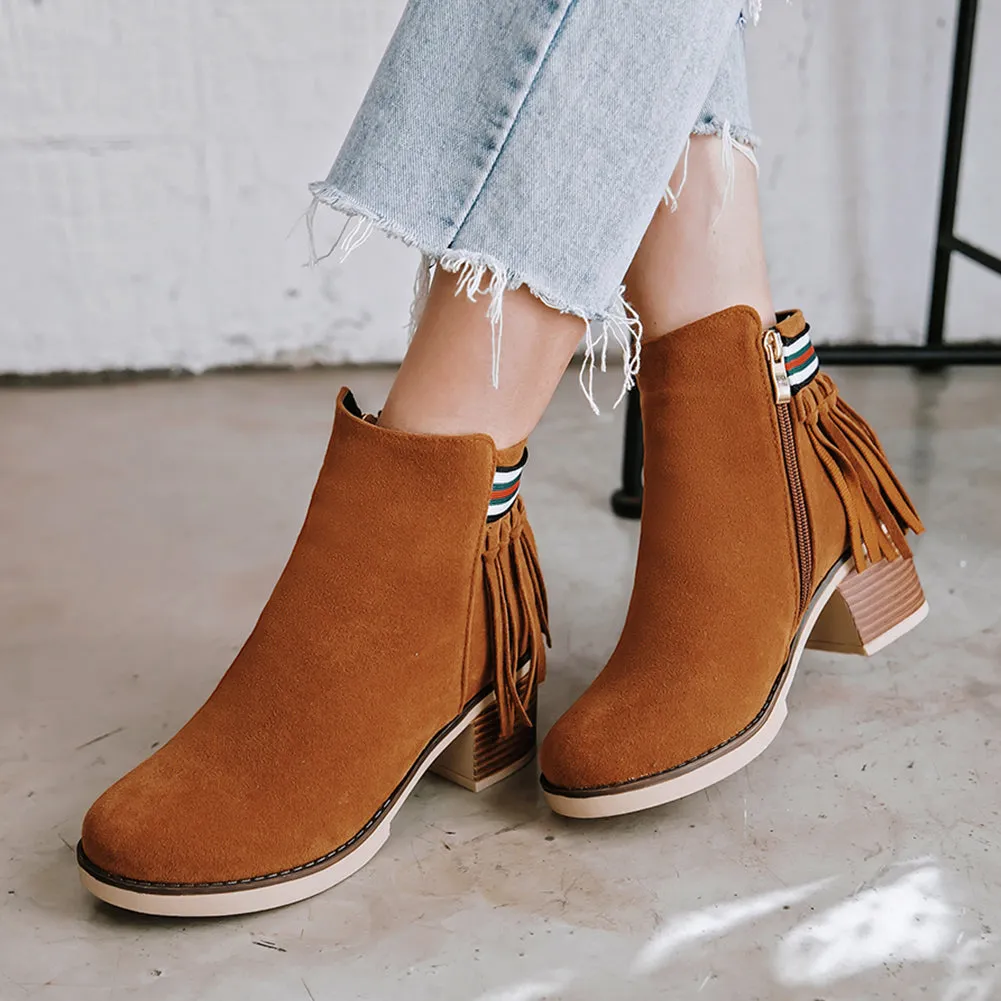 Fringe Zip Up Square Heels Ankle Boots Shoes