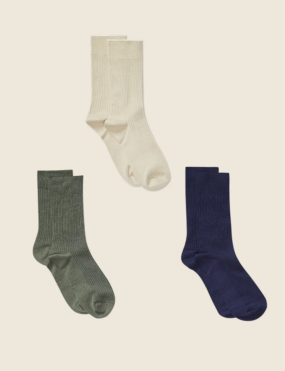 Giftbox - 3-Pack Men's Ribbed Crew Socks - Moss, Oatmeal, Navy