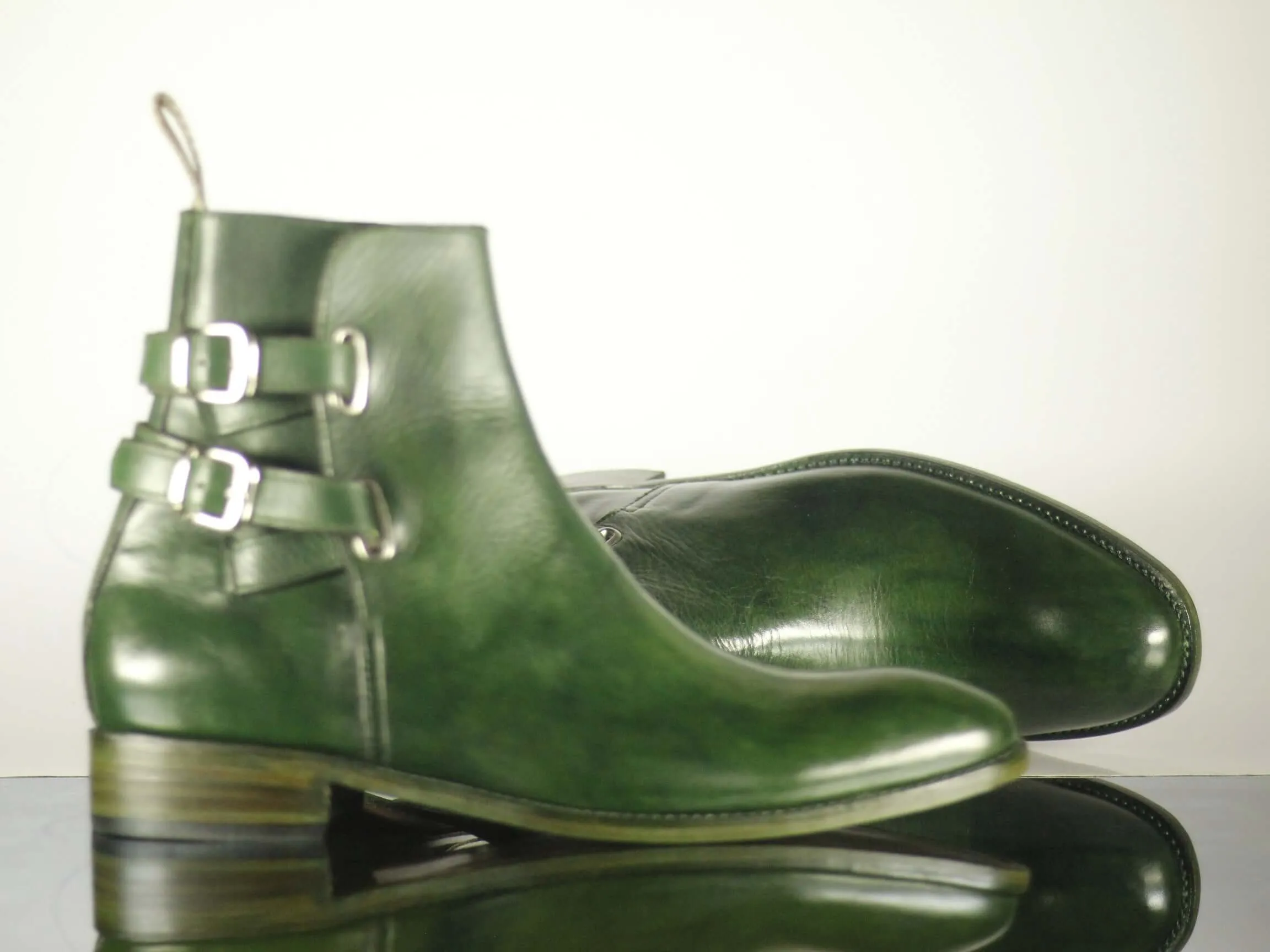 Handmade Green Leather Ankle High Buckle Up Boots