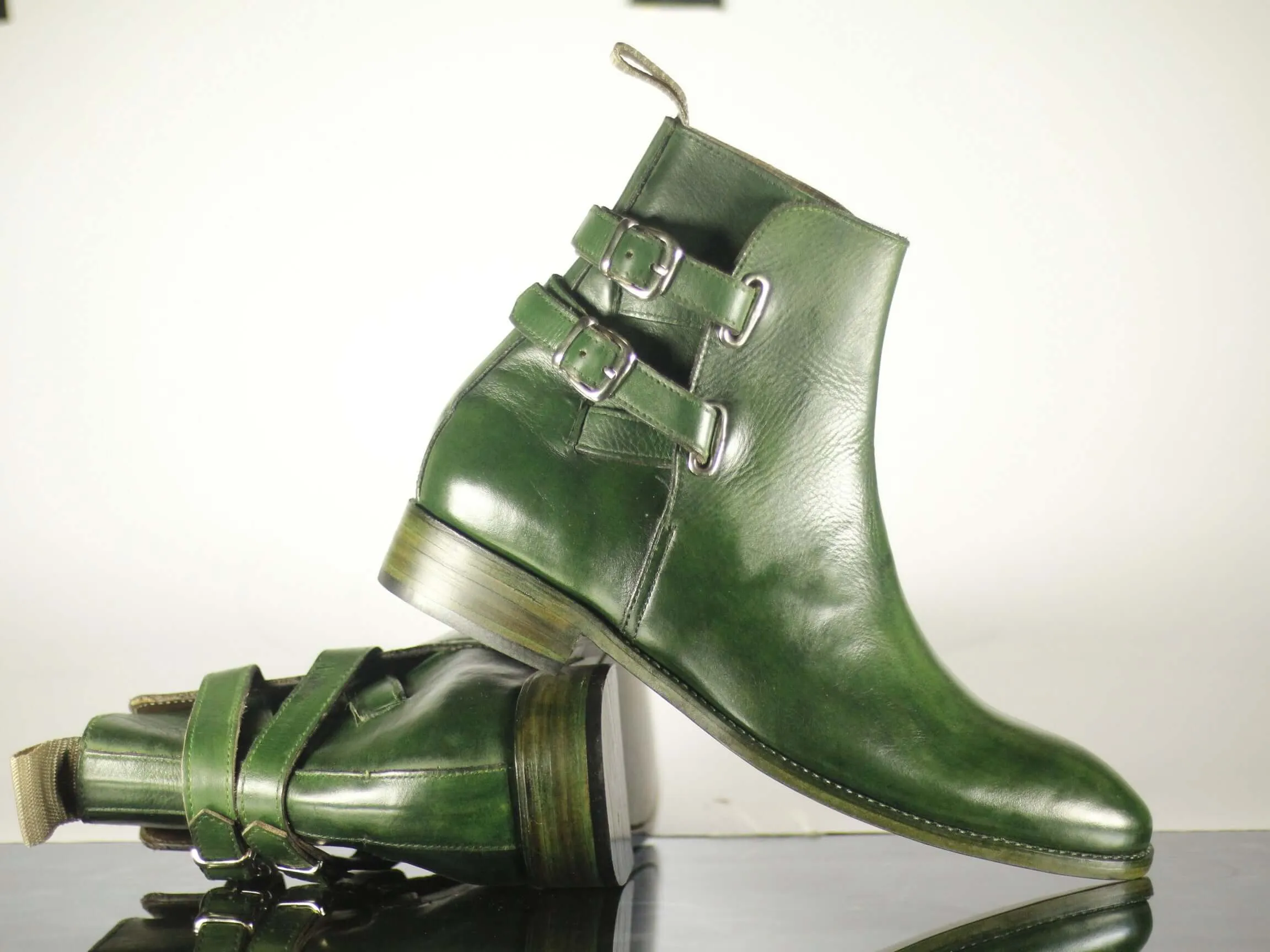 Handmade Green Leather Ankle High Buckle Up Boots