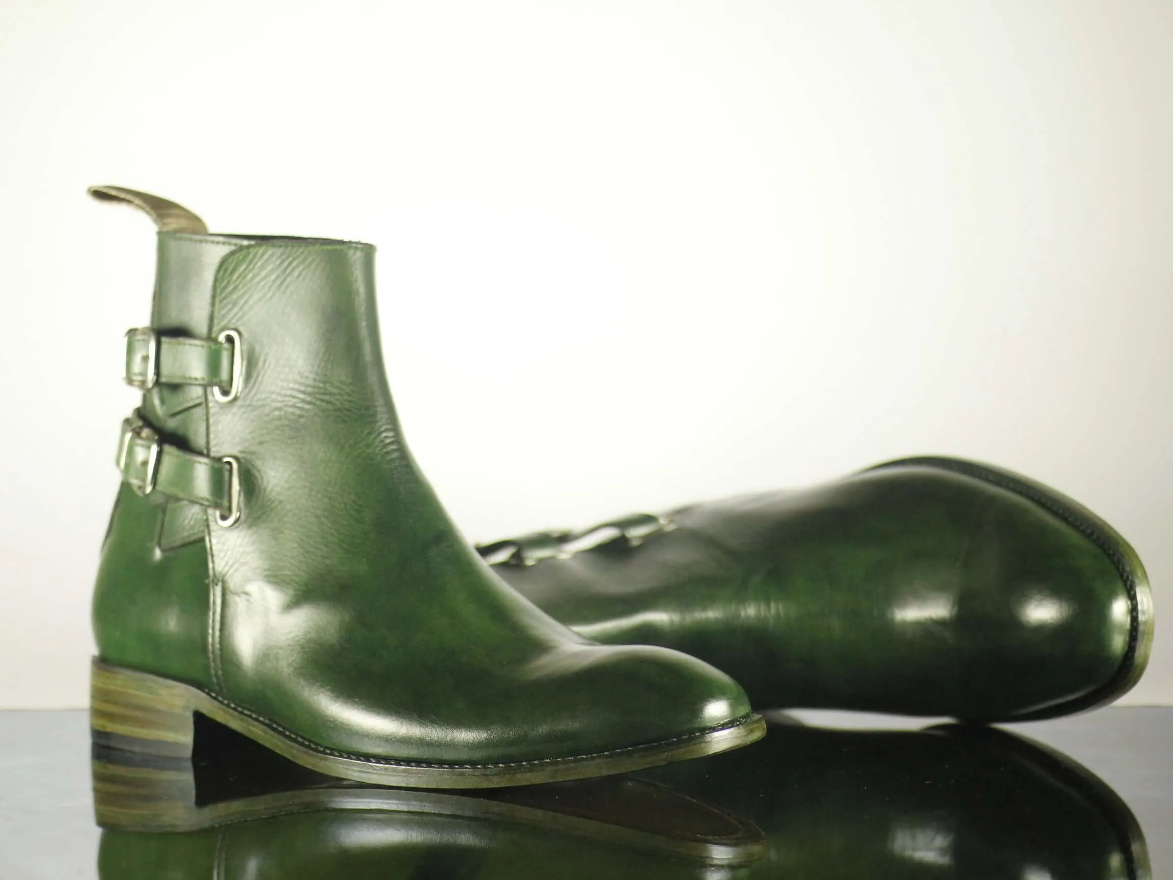 Handmade Green Leather Ankle High Buckle Up Boots