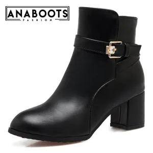 Office Lady Buckle Square High Heels Ankle Boots