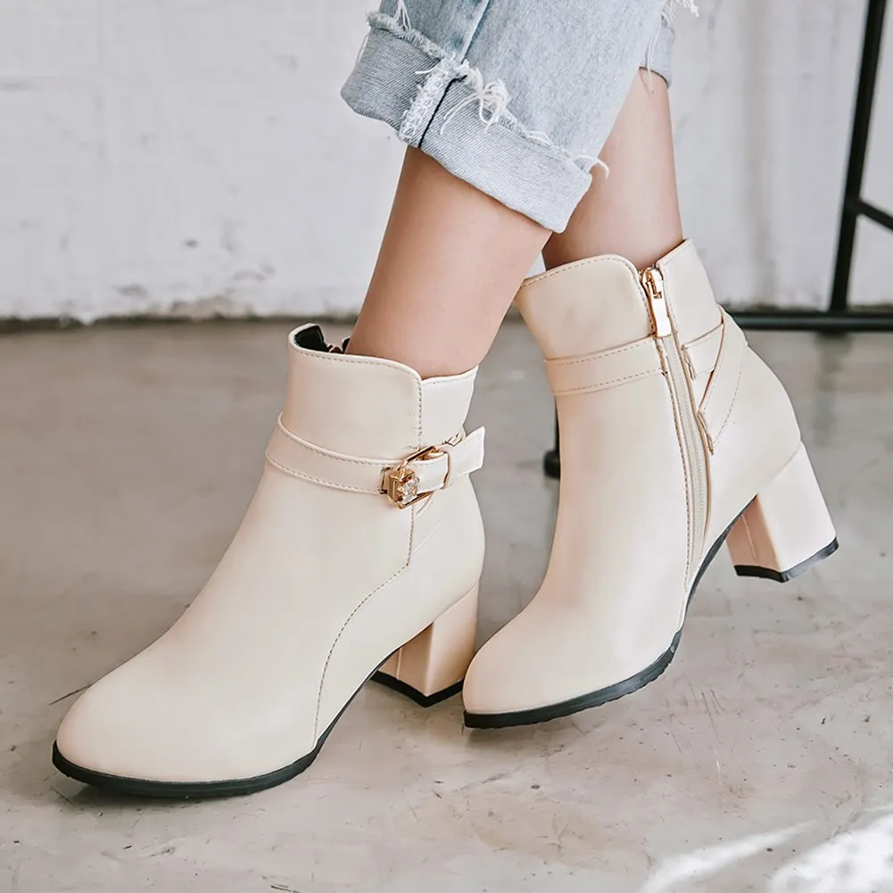 Office Lady Buckle Square High Heels Ankle Boots