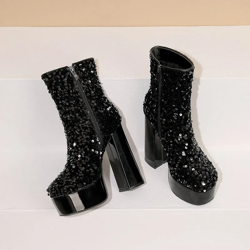 Sequin Platform Ankle Boots