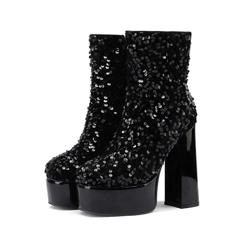 Sequin Platform Ankle Boots