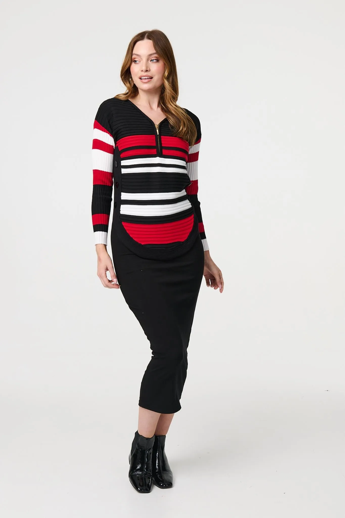 Striped Zip Front Knit Pullover