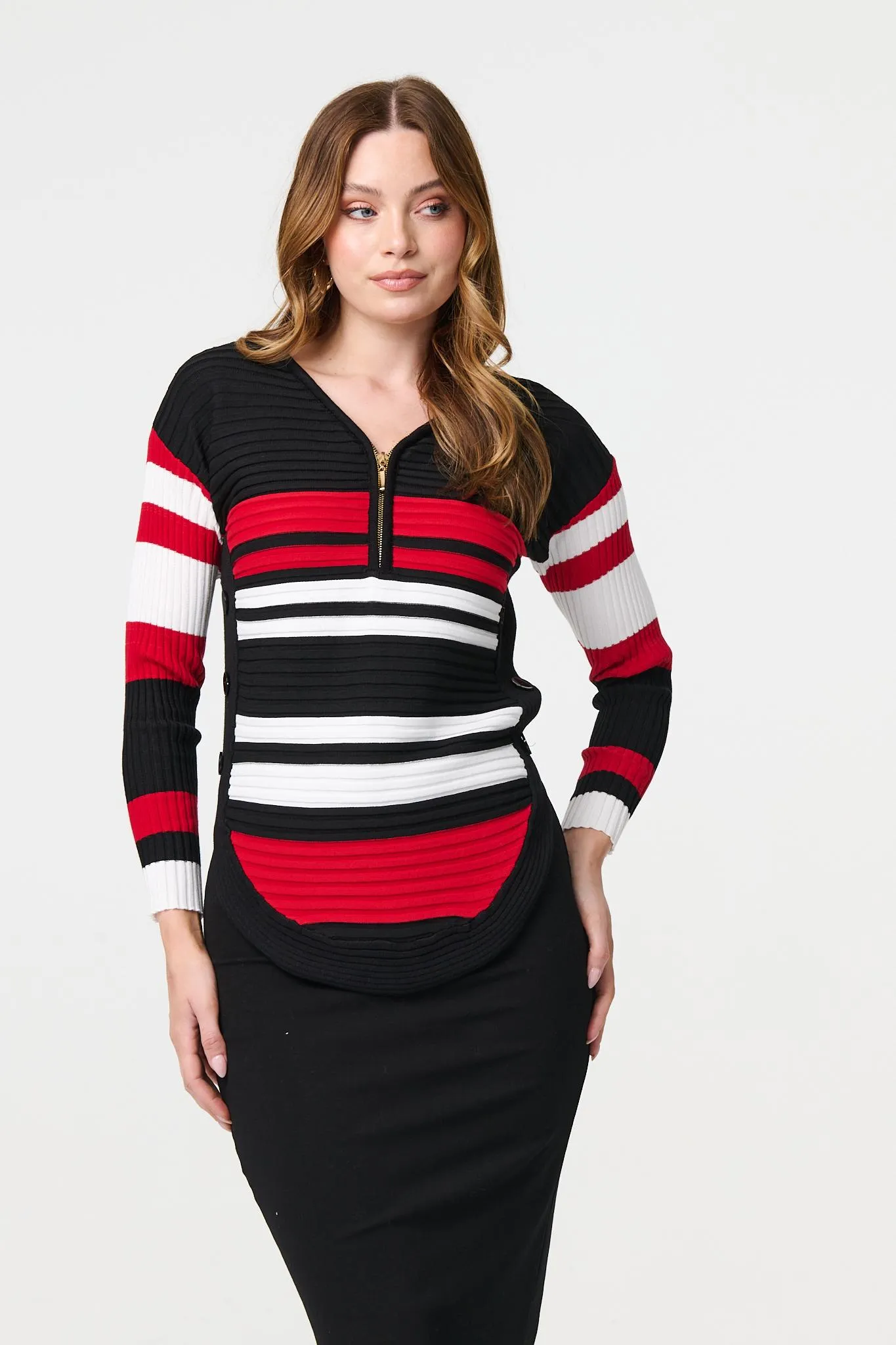 Striped Zip Front Knit Pullover