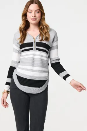 Striped Zip Front Knit Pullover