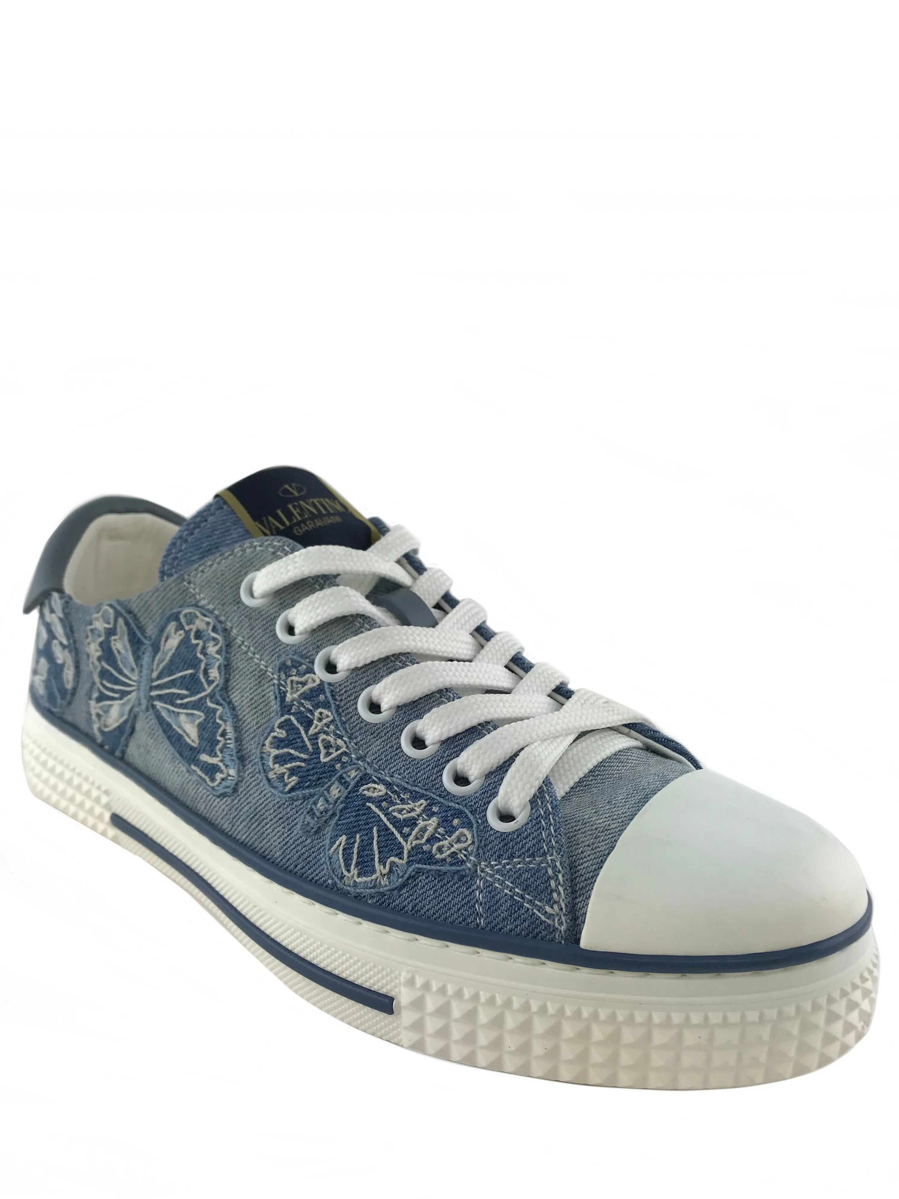 Valentino Butterfly-Embroidered Denim Sneakers Size 8.5